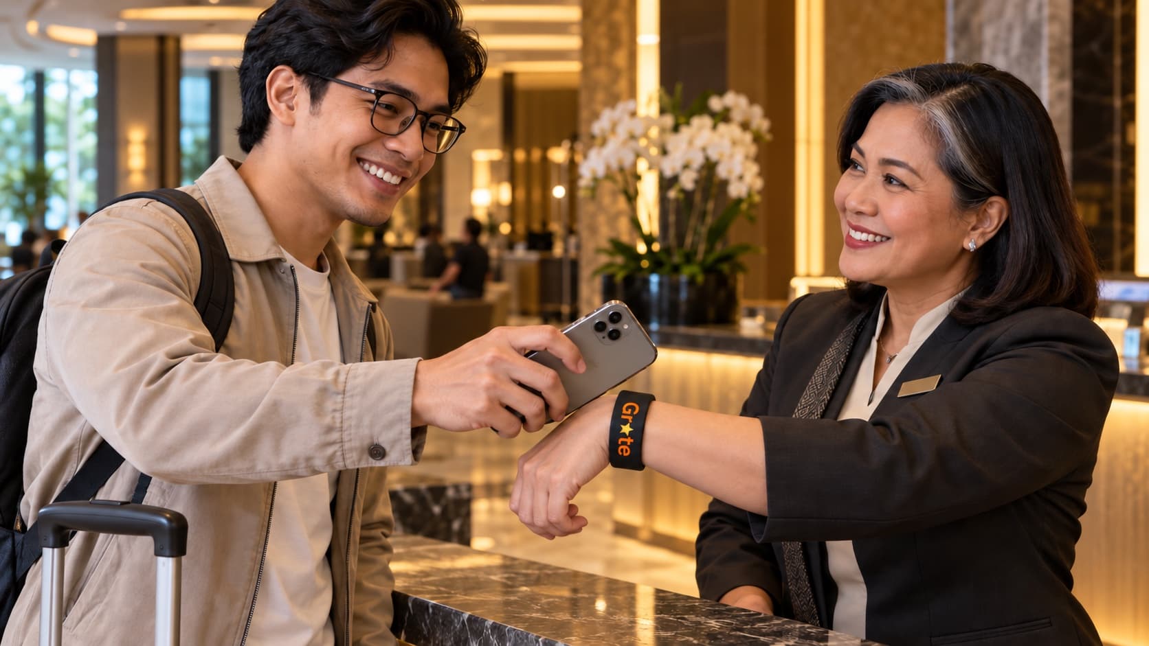 Miguel holds his phone near Maria the hotel concierge's Grate band